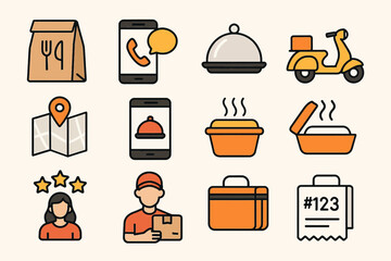 Food delivery icons set with phone apps, delivery person, map, and takeout containers