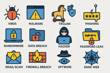 Cybersecurity icons: virus, malware, trojan, phishing, hacker, data breach, ransomware, spyware