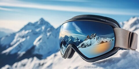 Ski Goggles Reflecting Snowy Mountains
