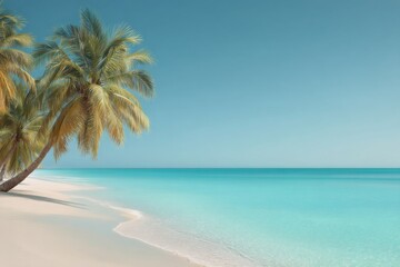 Fototapeta premium Serene tropical beach with palm trees and calm turquoise waters during a sunny day