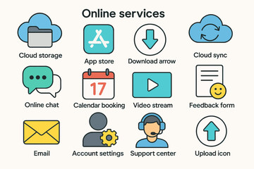 Online services icons: cloud, app, download, chat, calendar, video, feedback, email, support