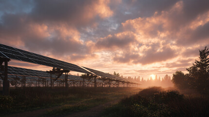 rural solar farm during sunrise