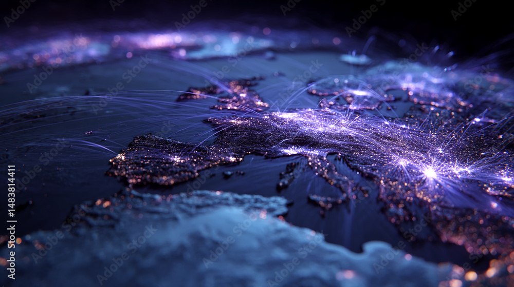 Poster abstract image of glowing network connections across a dark map, symbolizing global connectivity and