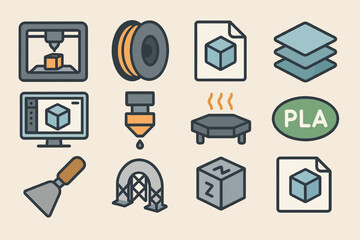 3d printing icons: printer, filament, stl files, nozzle, pla, bridge test, heated bed