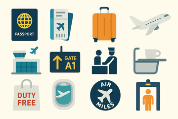 Travel essentials icons: passport, boarding pass, luggage, airplane, and airport elements