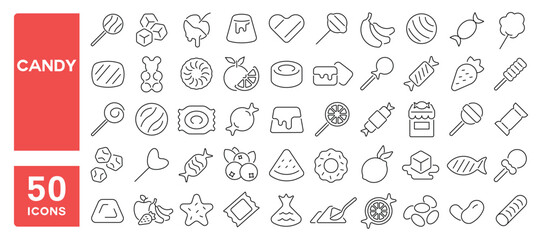 Set of 50 line icons related to candy, lollipop, sweets, sugar, caramel, jelly, lolly, Editable stroke. Vector illustration