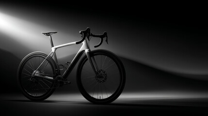 Fototapeta premium Sleek road bike elegantly illuminated in a dramatic black and white light.