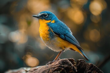 blue and yellow bird standing on brown trunk close up photography