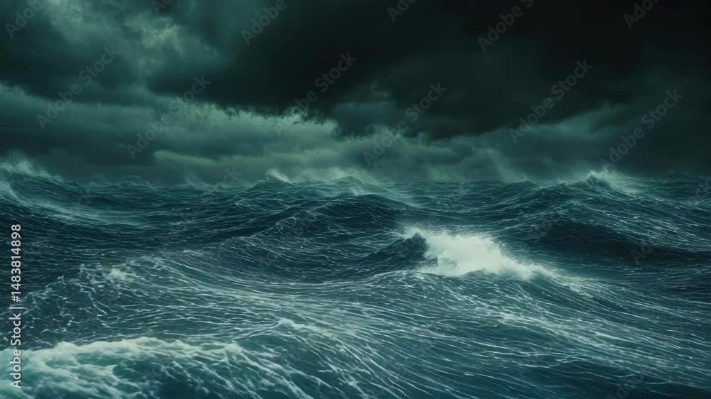 Poster a large body of water with dark, stormy clouds looming overhead. the waves are crashing against the 