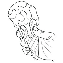 simple icon of a scoop of melting ice cream in a waffle cone held in a hand in line art style