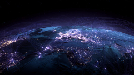 Obraz premium Night view of Earth, showcasing illuminated cities and glowing lines symbolizing global connections, representing communication, networking and globalization