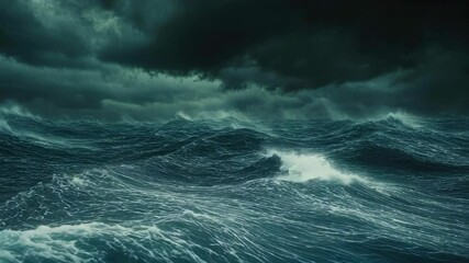 A large body of water with dark, stormy clouds looming overhead. The waves are crashing against the shore, creating a sense of power and intensity. Scene is one of foreboding and danger
