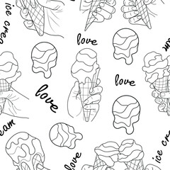 seamless pattern with an icon of melting ice cream in a waffle cup flowing down your hands, in line art style