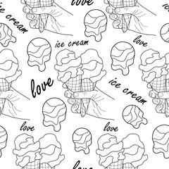 seamless pattern with ice cream icons, namely two cones in a waffle cup held by one hand in line art style, for packaging or textiles