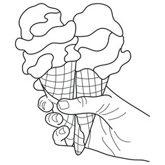 simple ice cream icon, namely two cones in a waffle cup held by one hand in line art style