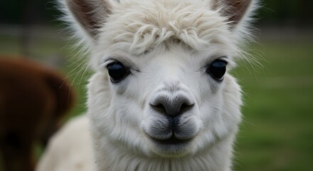 Obraz premium Adorable White Alpaca Close-Up Fluffy, Gentle, and Majestic