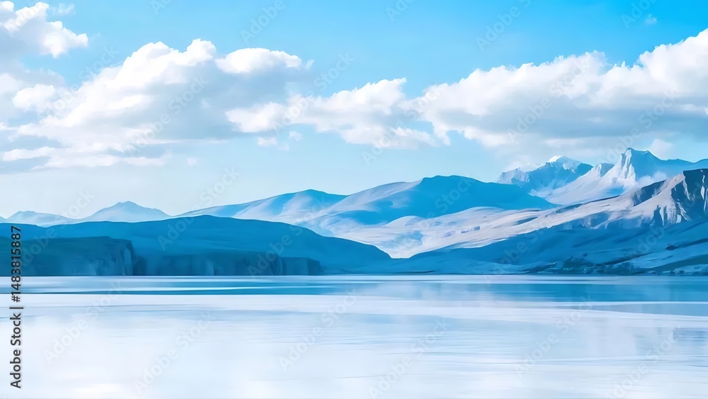 Aufkleber 氷の湖と雪をかぶった山のパステル カラーの風景穏やかな水と白い雲のある穏やかな青い空