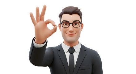 3D Cartoon Businessman Showing OK Hand Gesture  Positive Business Communication