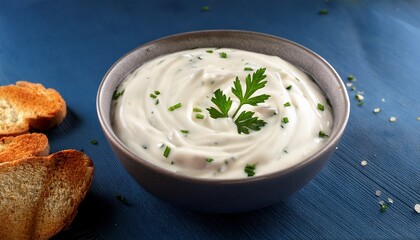bowl with ranch dressing made with mayonnaise sour cream buttermilk garlic dill parsley and chives
