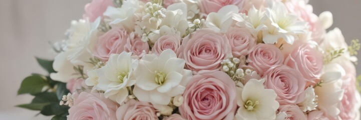 Obraz premium Delicate pink & white wedding bouquet, soft focus, dahlia, tender, tulips