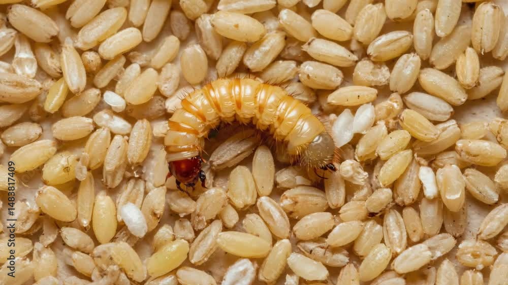 Poster a small brown and white bug is crawling on a pile of rice. the bug is surrounded by rice grains, and