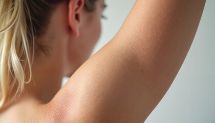 Young woman raising her arm with natural skin tone in neutral background  