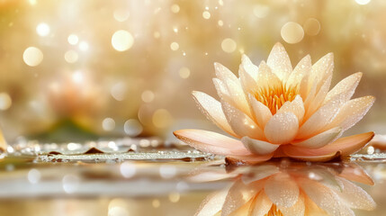 Fototapeta premium Serene bloom floating on calm water, illuminated by gentle light and bokeh effects, evoking peace and tranquility