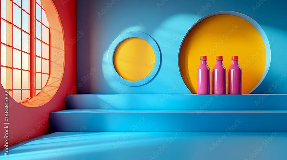 Poster surreal interior, bright color palette: three bottles on a stepped platform with circular window ope