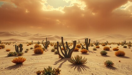 Warm-toned desert landscape with cacti and sunlit sand dunes
