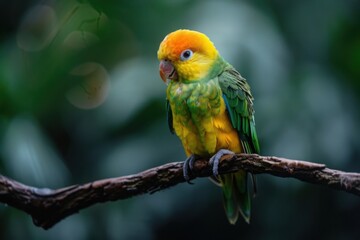 a yellow and green bird sitting on a branch