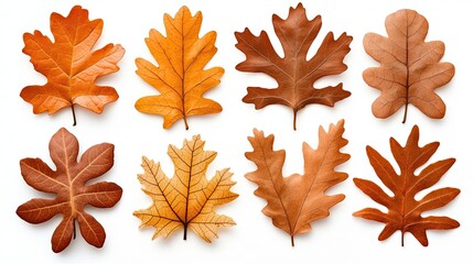 Fototapeta premium Eight Dried Autumn Leaves Arranged on White Background