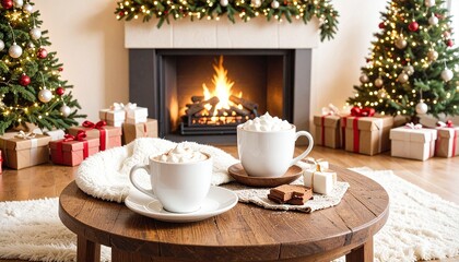 Fototapeta premium Cozy Christmas Living Room Scene with Fireplace, Tree, Lights, and Gifts