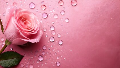 pink rose on a pink background with water droplets copy space