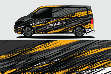 Stylish Van Design with Bold Stripes and Sponsor Text