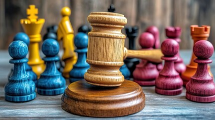 A wooden gavel surrounded by colorful chess pieces on a rustic table