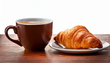 coffee cup with a croissant isolated on wooden table