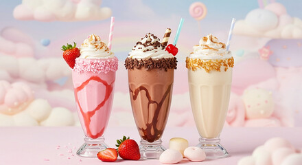 Three indulgent milkshakes—strawberry, chocolate, and vanilla—each topped with whipped cream and sweet garnishes. Set against a dreamy pastel backdrop, perfect for dessert lovers and photography.