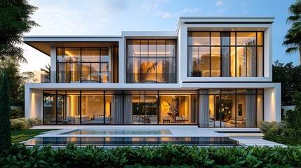 Fototapeta premium Luxurious property development featuring modern villa expansive glass window lush landscaping sleek pool area property depicted photorealistic rendering showcasing elegance sophistication of high end