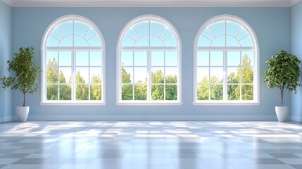 Fototapeta premium Bright Blue Room with Large Arch Windows and Greenery View