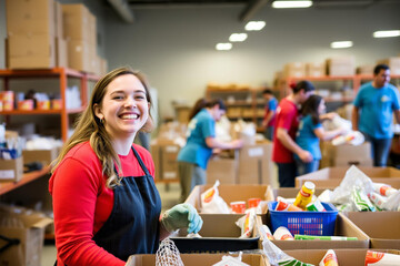Volunteers in action, sorting food donations with care and dedication in a warehouse setting.