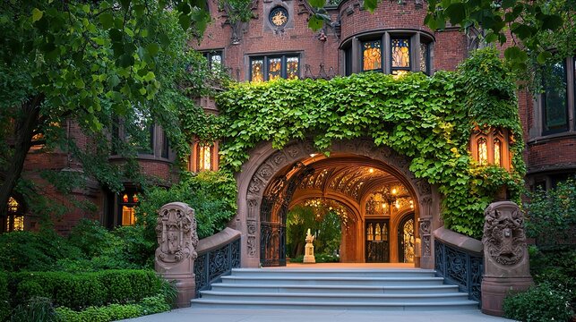 Ivy Covered Entrance To A Historic Brick Building