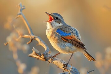 Bluethroat, Luscinia svecica. A bird sits on a dry branch and sings