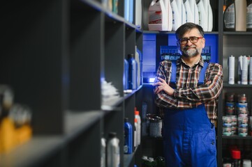 Salesman standing with arms crossed in auto parts store