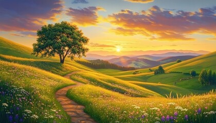 Fototapeta premium A serene landscape featuring a solitary tree on a hillside during sunset