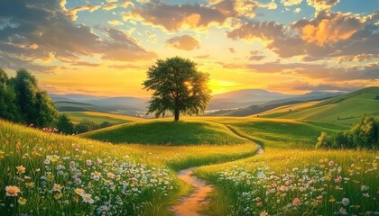 A solitary tree stands in a lush green field during sunset with a winding path and wildflowers
