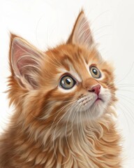 Close up portrait of an orange tabby kitten with bright eyes looking up on a white background created with generated ai