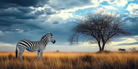 Obraz premium A zebra standing in a grassy field under a dramatic sky