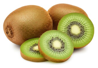 Obraz premium two whole kiwis and two kiwi slices on a white background