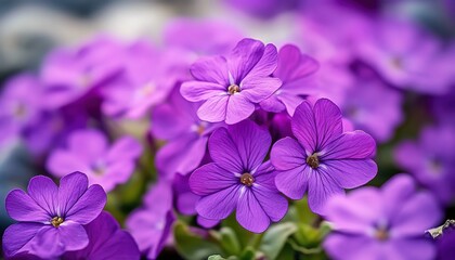 Close-up of vibrant purple flowers with green leaves