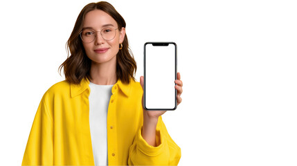 Woman in yellow jacket holding smartphone isolated on transparent background